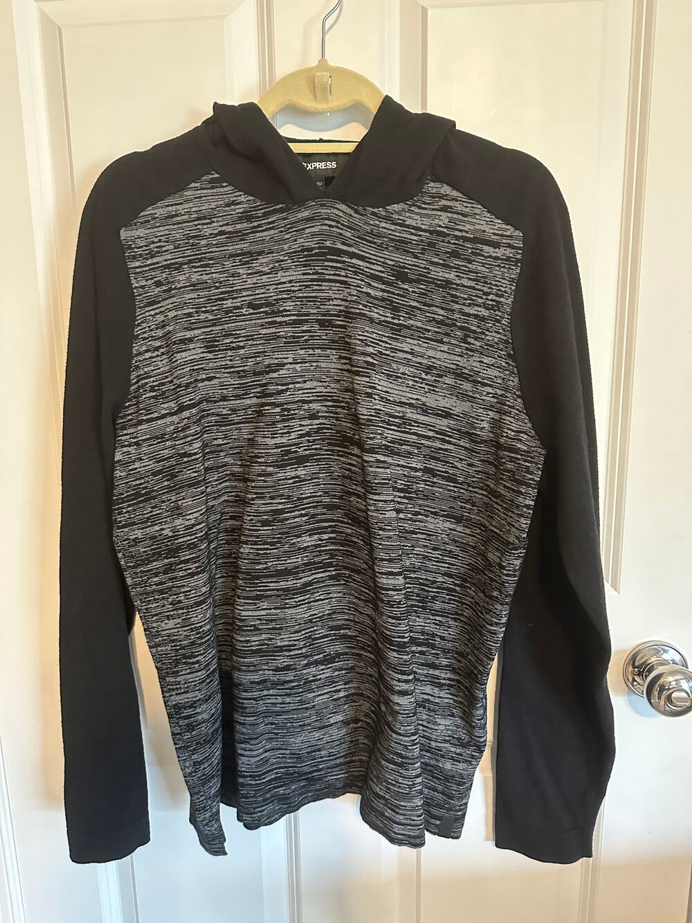 Express Men's L/S Black and Gray Hooded Sweater Large